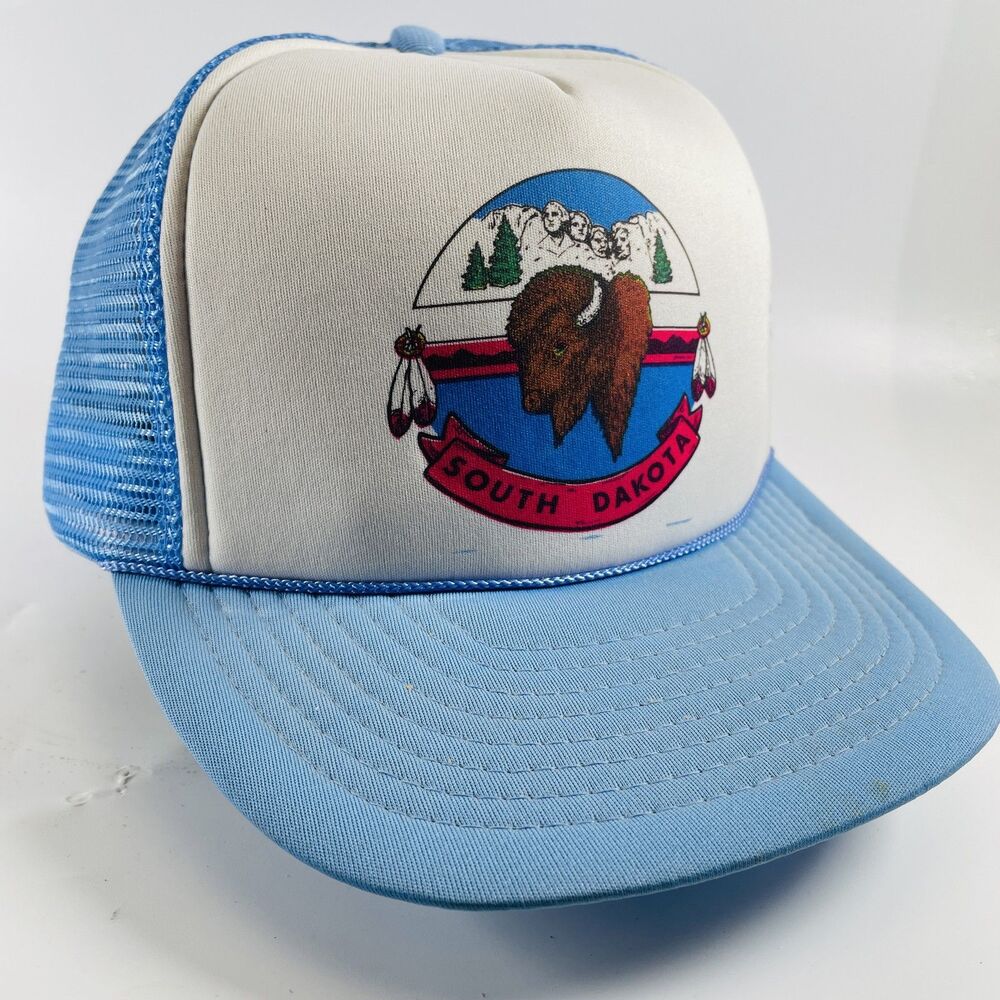 South Dakota Bison Mt Rushmore Vintage Trucker Hat Snapback Mesh One Size Blue